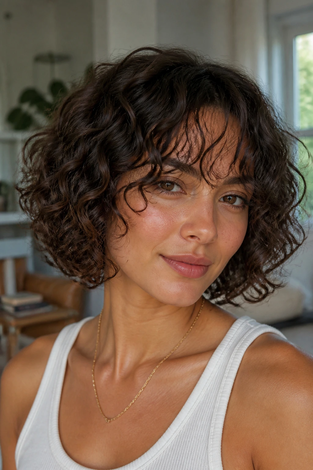 Portrait of a real woman with a curly bob and wispy fringe.