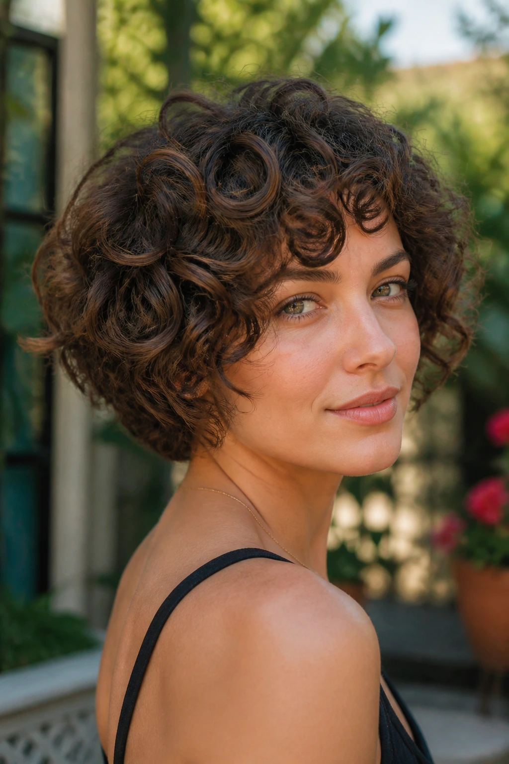 Portrait of a woman with a curly graduated bob and stacked curls.