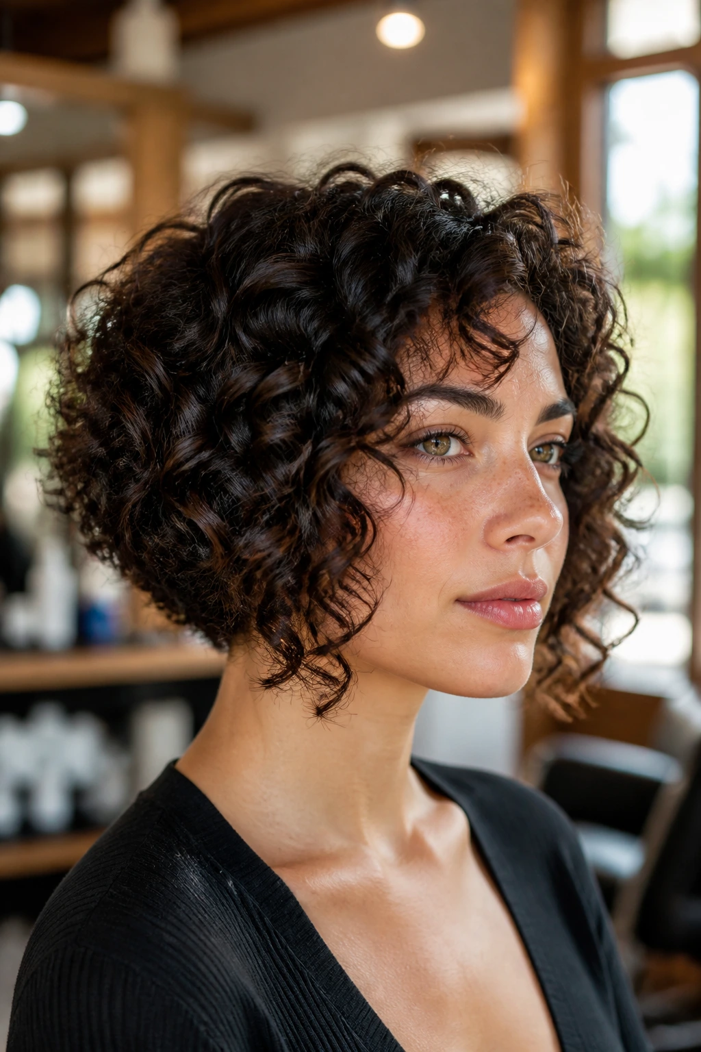 Close-up of a real woman with curly graduated bob under warm window light