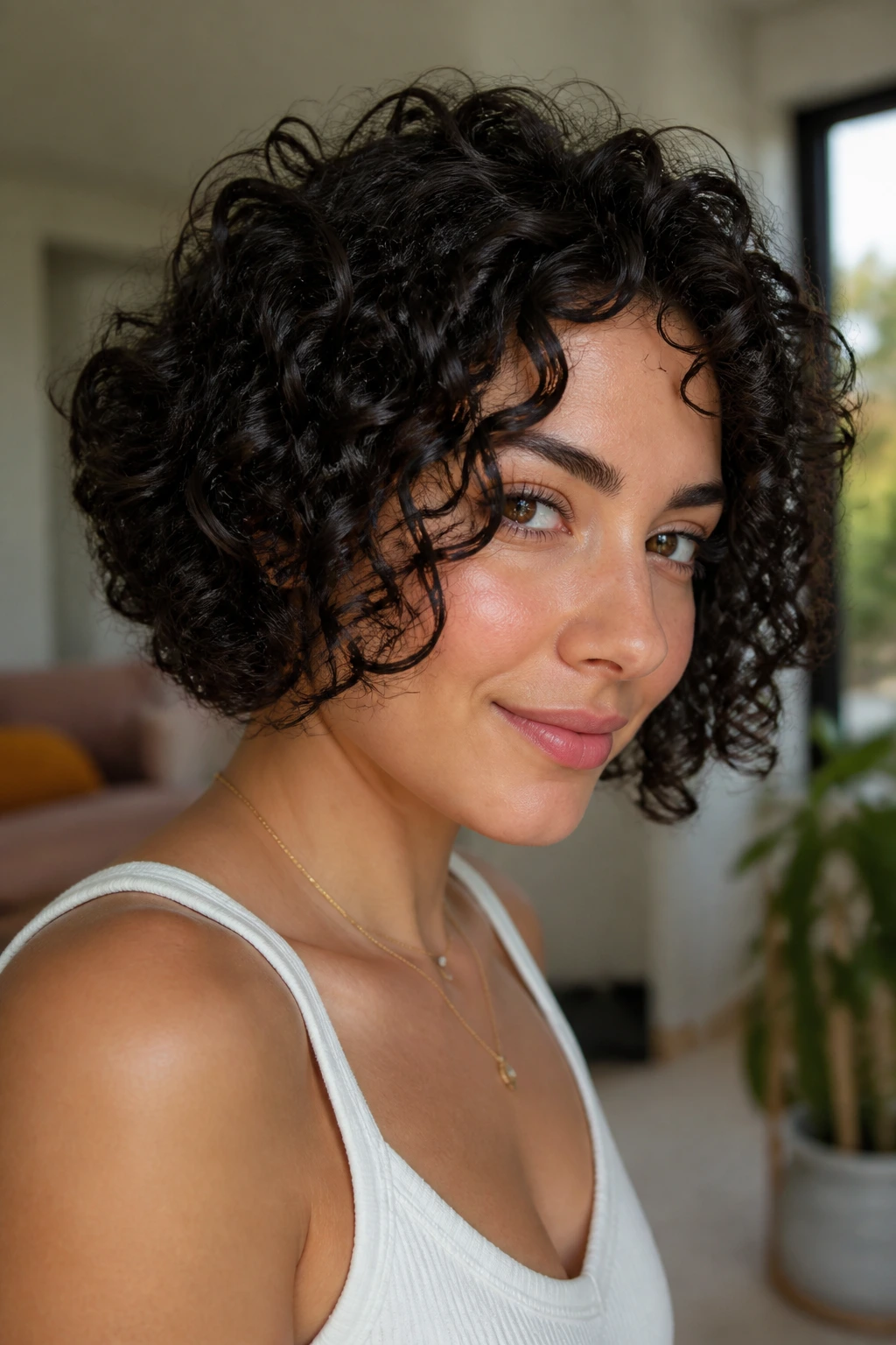 Portrait of a real woman with jaw-skimming curly bob and curved silhouette