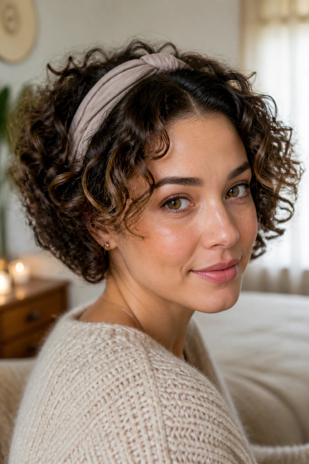 Real woman wearing headband with curly inverted bob