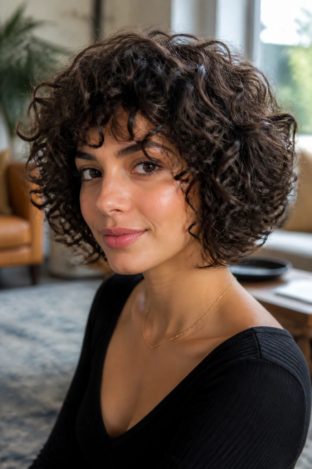 Close-up of a woman with a curly bob and hidden inner layers.
