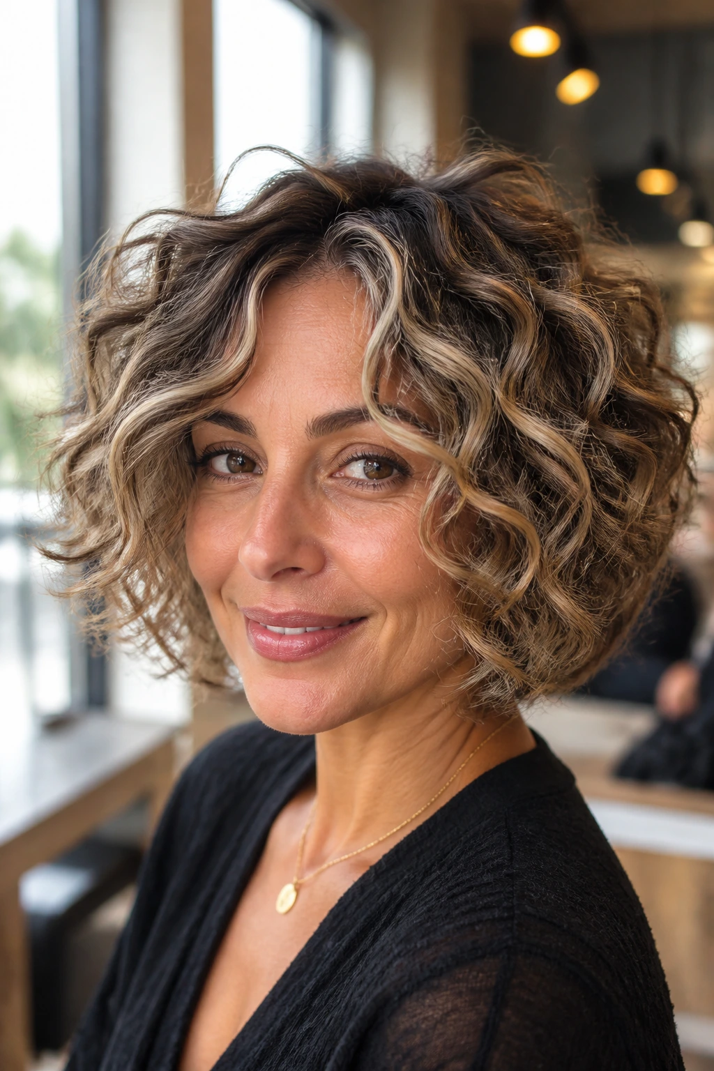 Close-up portrait of a woman with curly bob and face-framing highlights, natural window light.