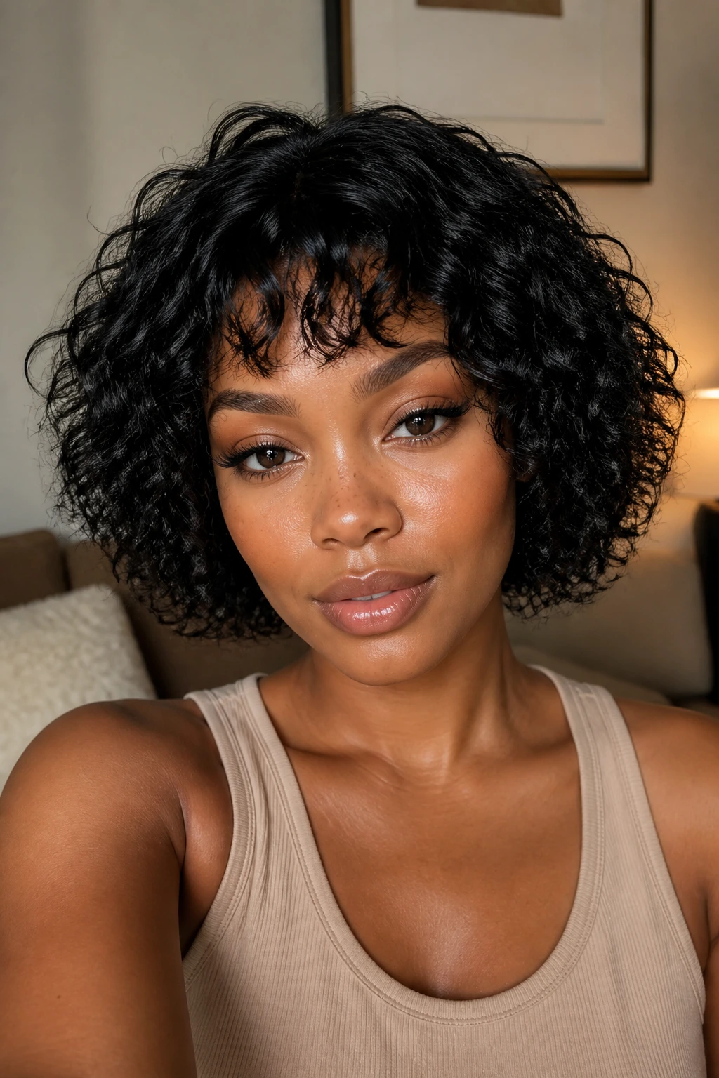 Close-up portrait of a real woman in a curly bob lace-front with baby bangs.