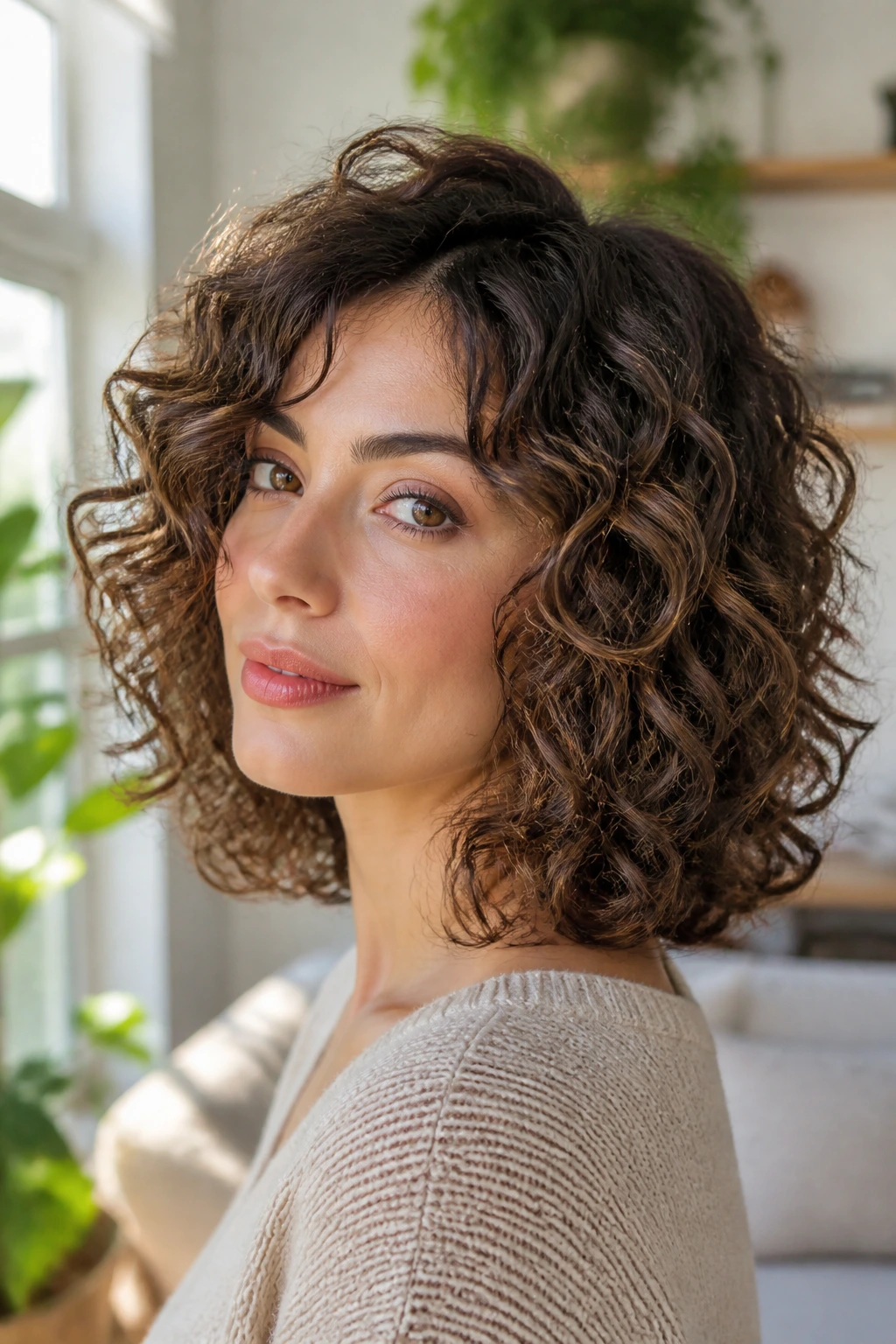 Close-up of a real woman with shoulder-length curly bob in natural light
