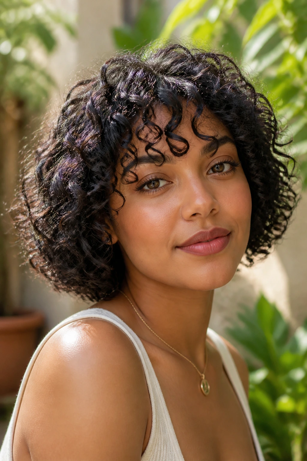 Close-up of a real woman with a curly bob and ringlet fringe