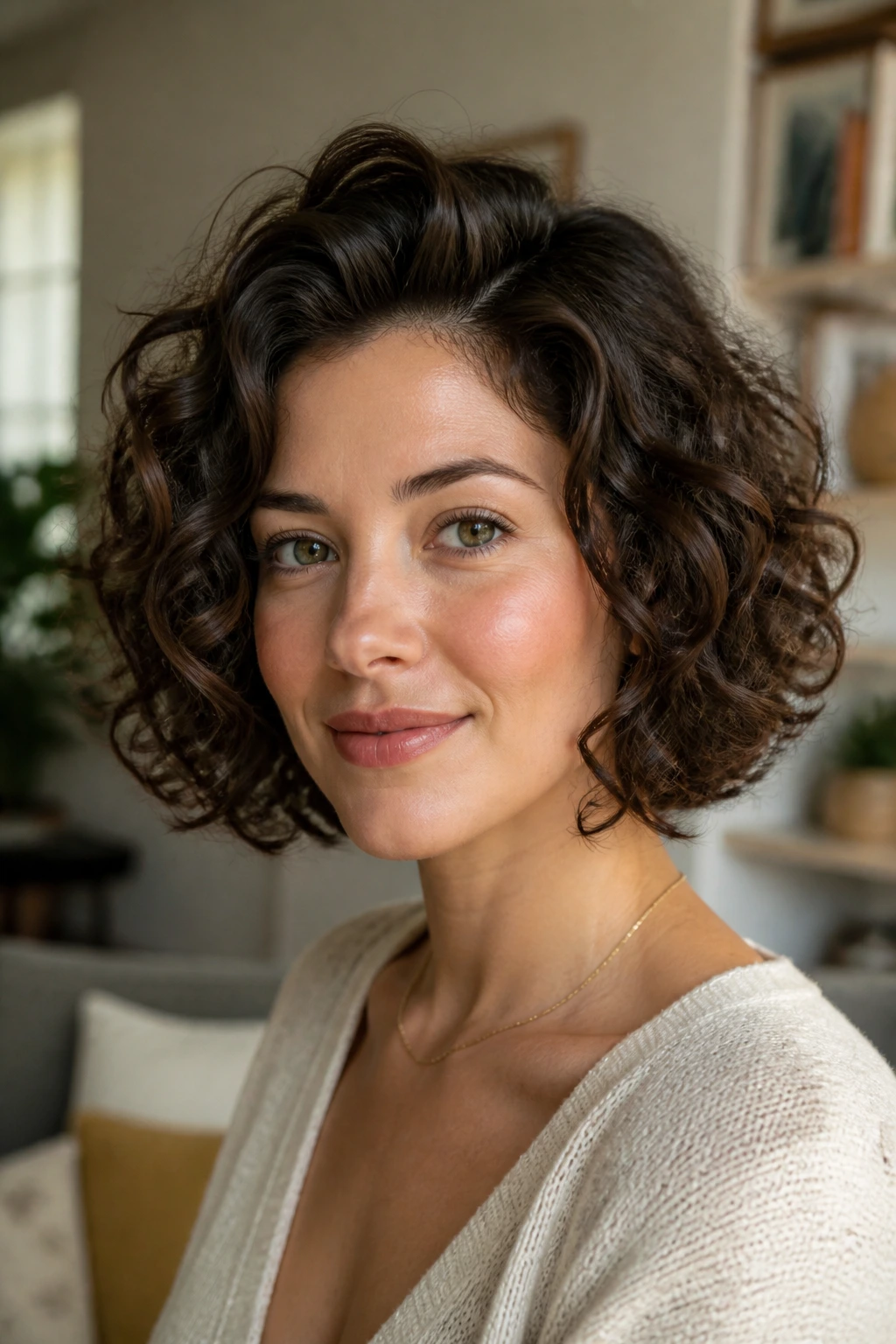 Close-up of a real woman with chin-length curly bob and root volume at the crown