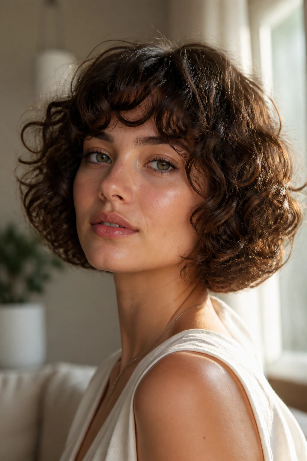 Close-up portrait of a person with a curly bob and rounded fringe.