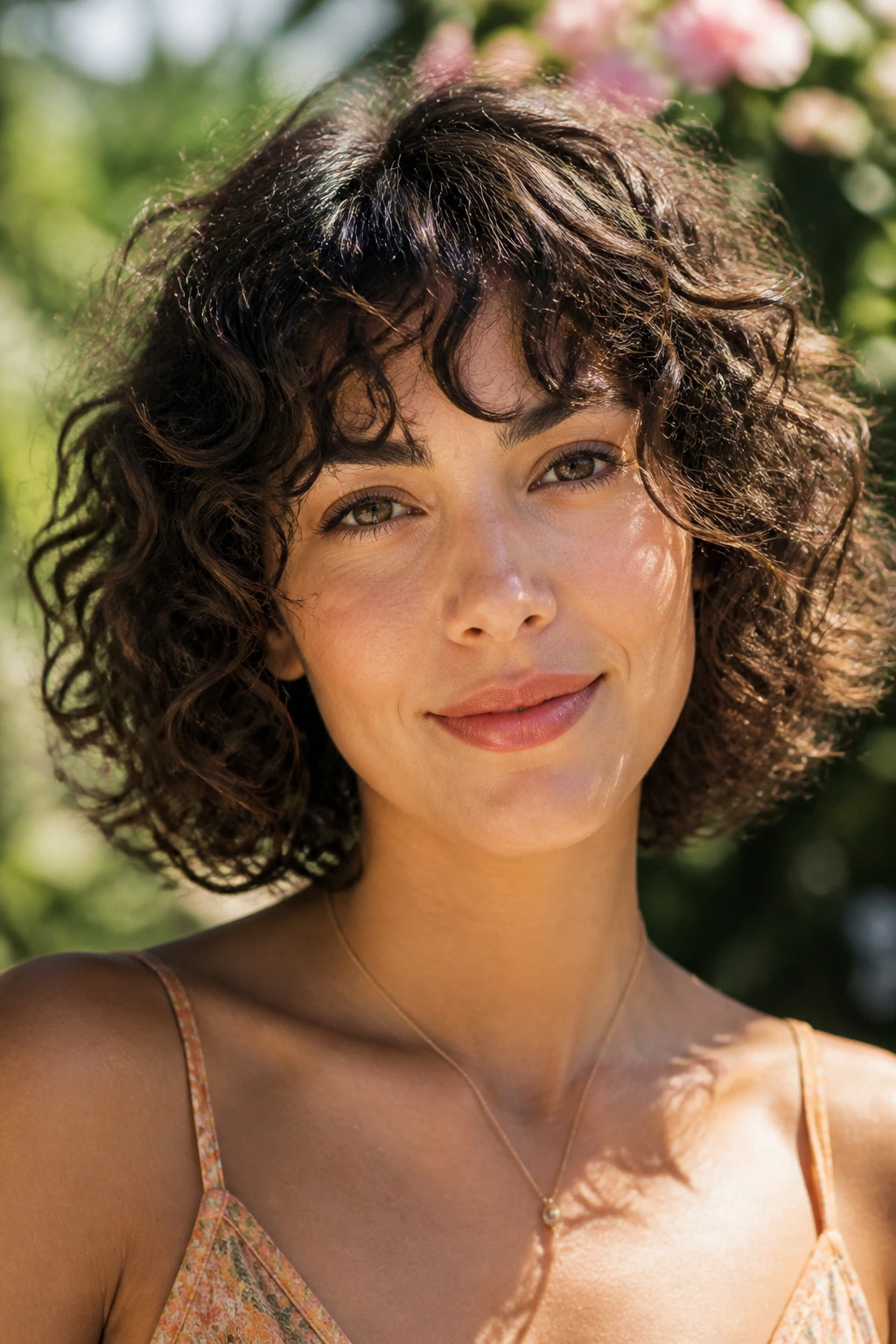 Close-up of a woman with a curly bob and rounded layers outdoors