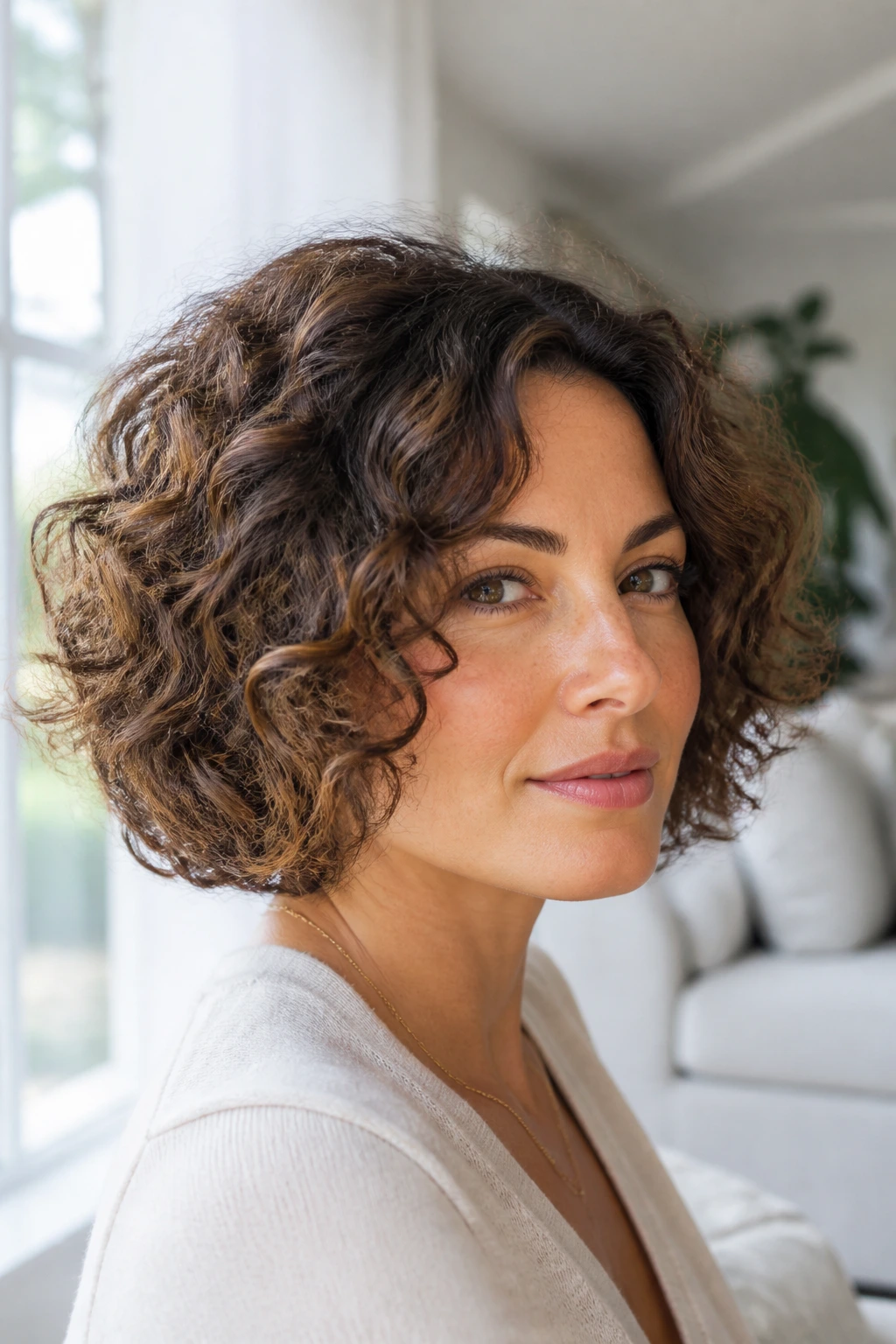 Close-up portrait of a woman with curly bob and rounded layers by a sunny window
