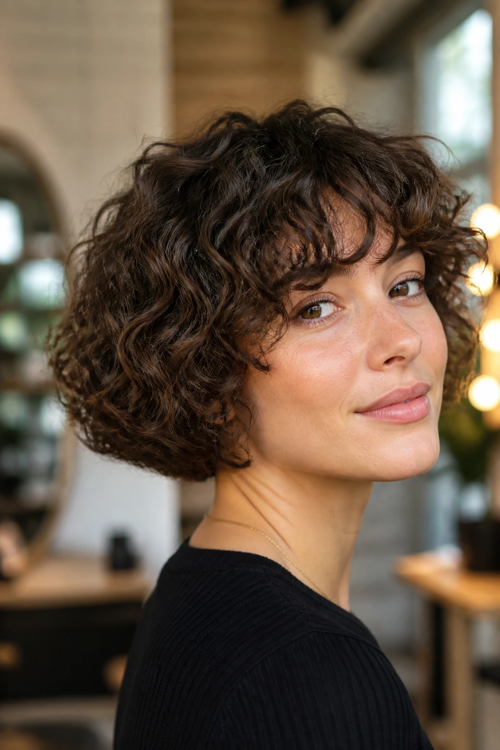 Real person with curly textured French bob portrait