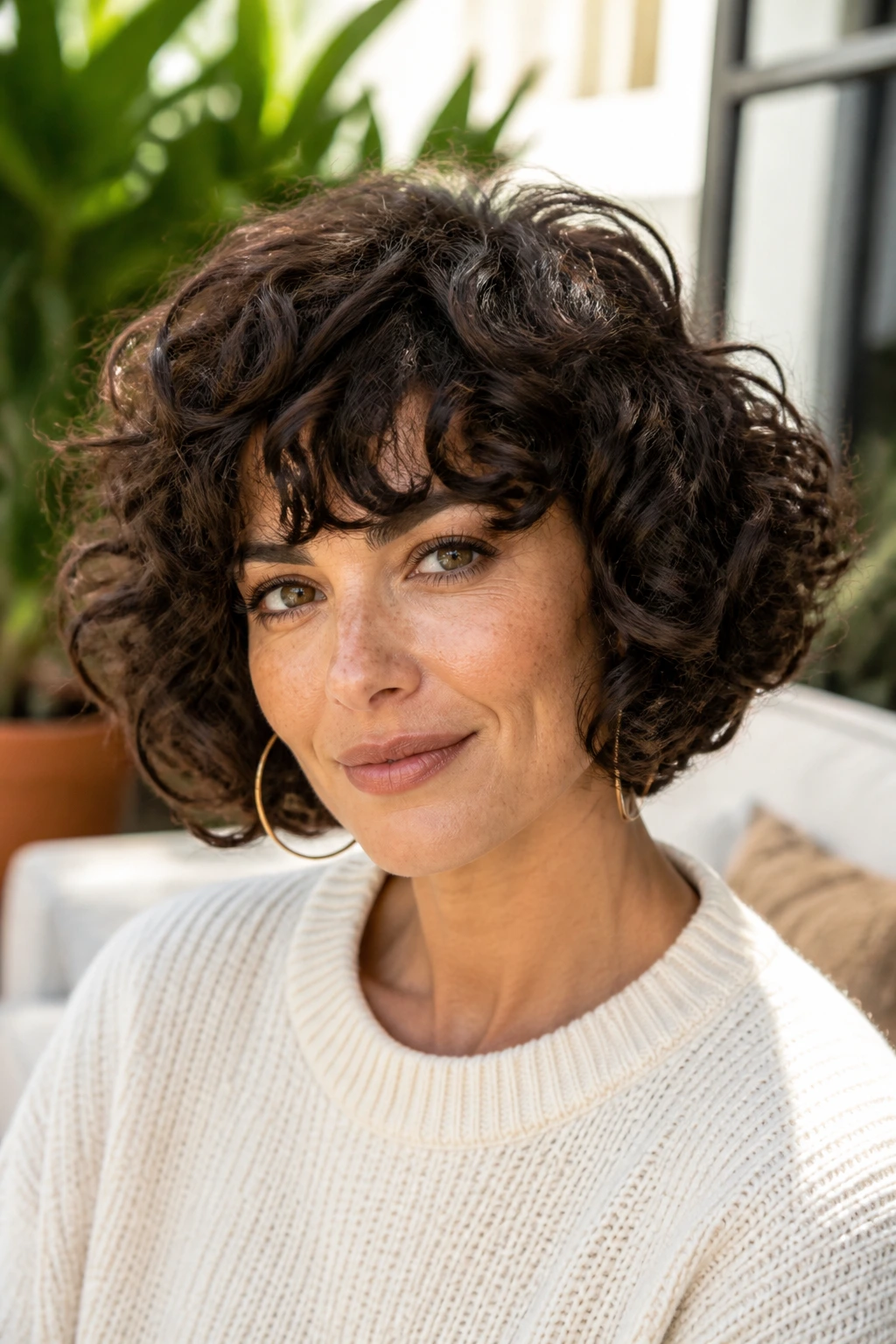 Woman with rounded curly bob and crown volume