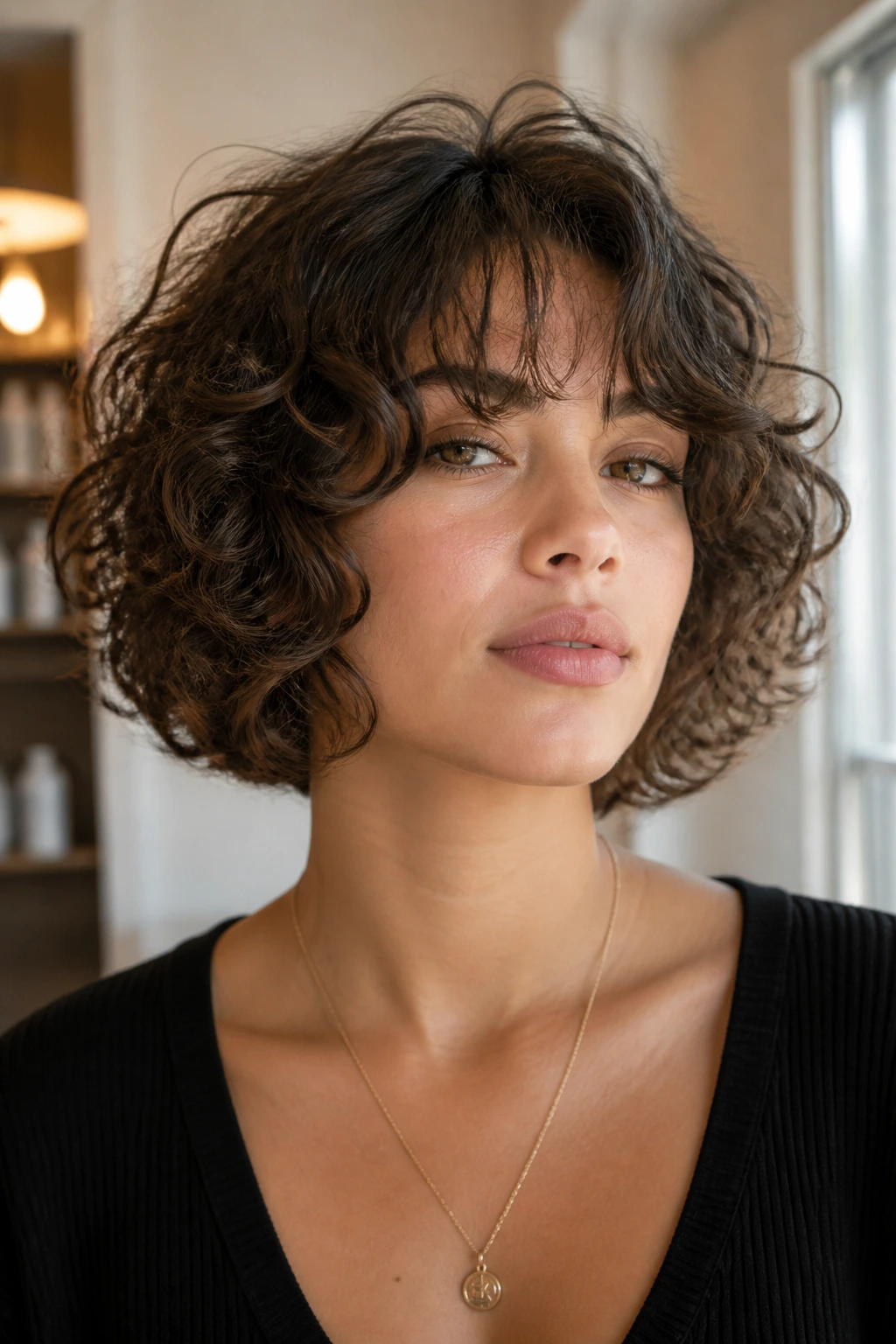 Close-up portrait of a real woman with a rounded layered curly bob and wispy curtain bangs