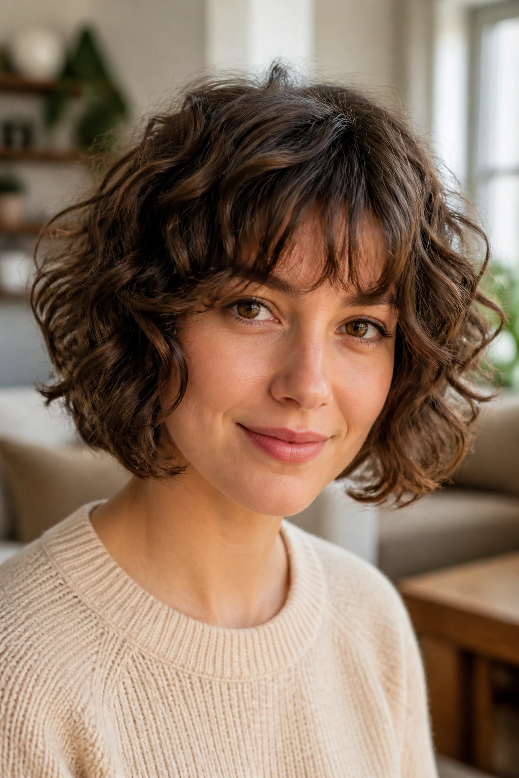 Curly bob with wispy bangs on a real woman in soft natural light