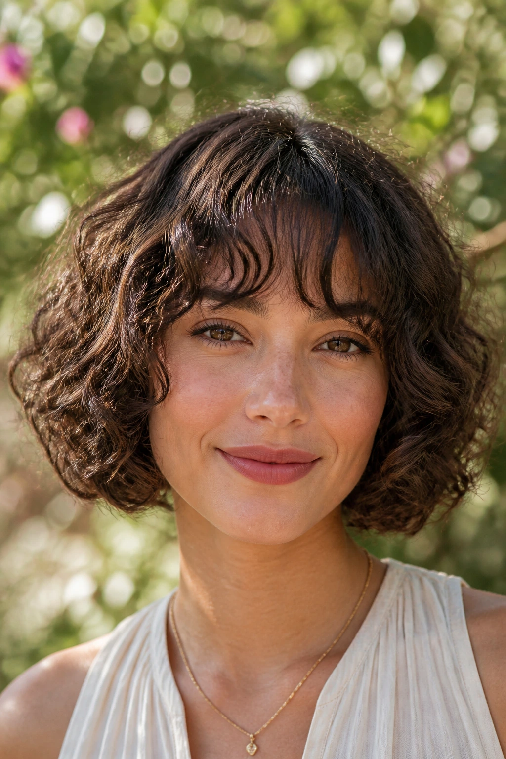 Portrait of a real woman with curly bob and wispy bangs in sunlit garden.