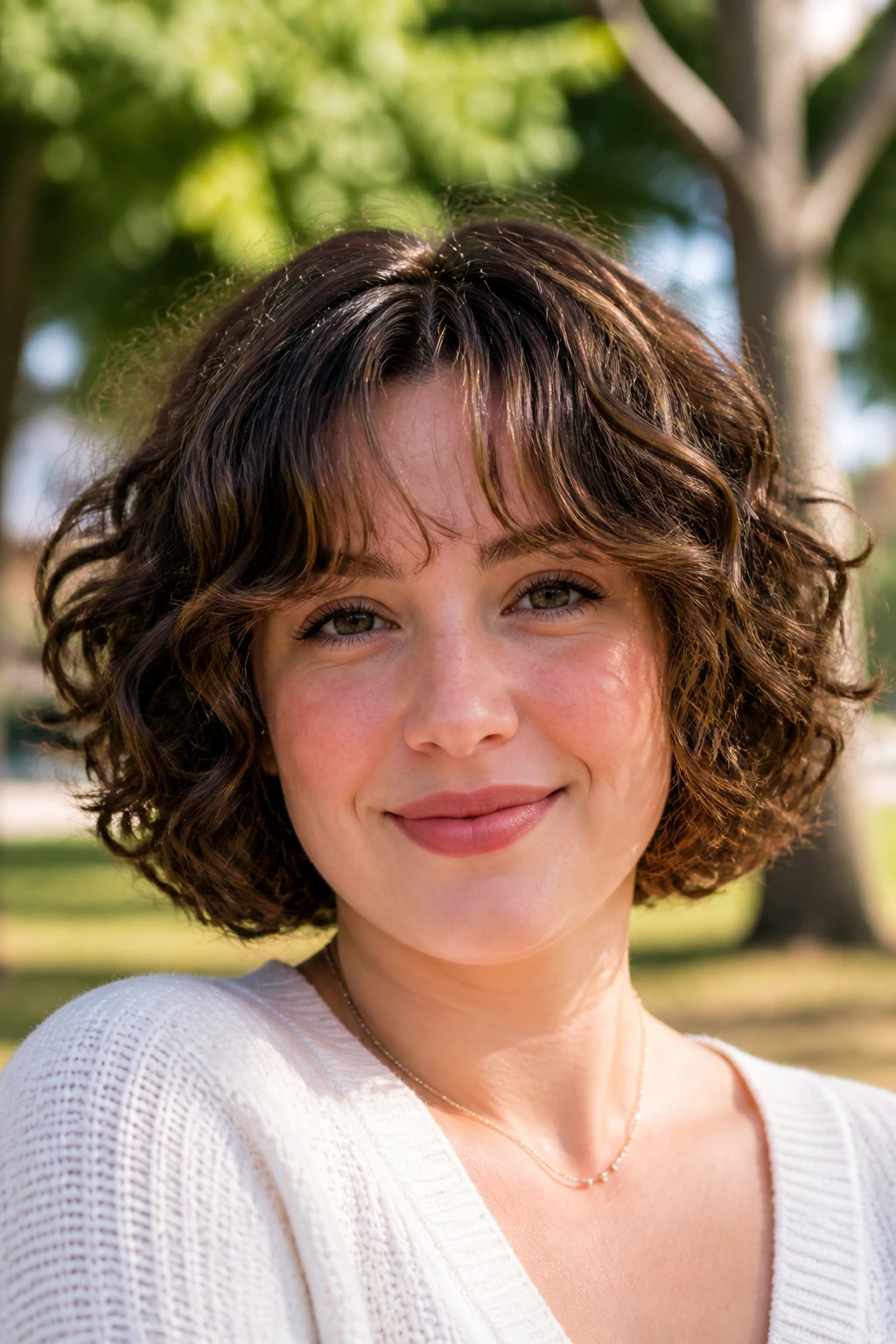 Close-up of a real woman with curly bob and wispy curtain bangs in soft outdoor light.