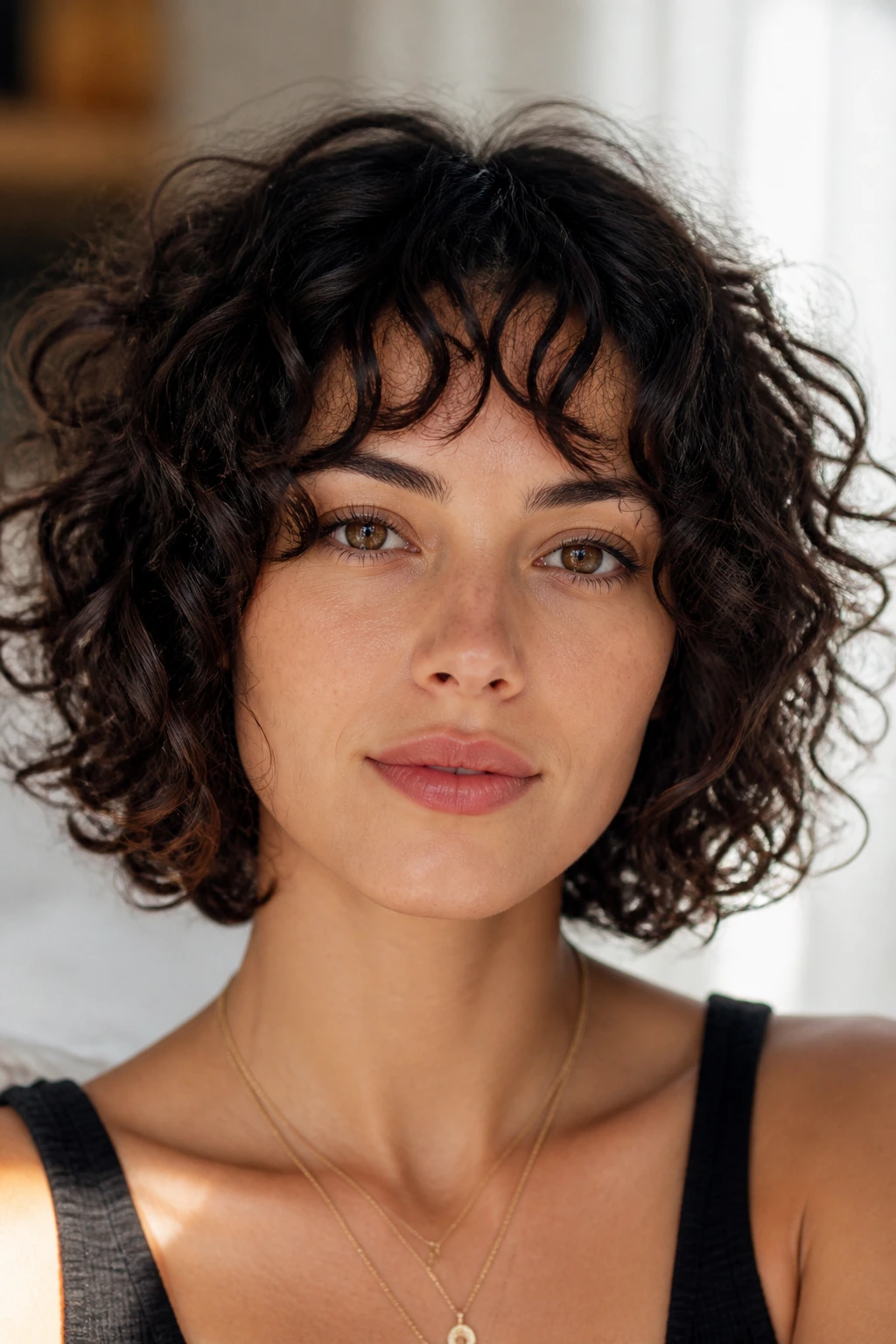 Real woman with curly bob and wispy piecey bangs in natural light