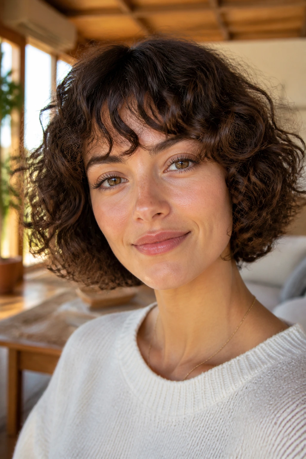 Close-up of a real woman with a curly bob and wispy bangs in natural light