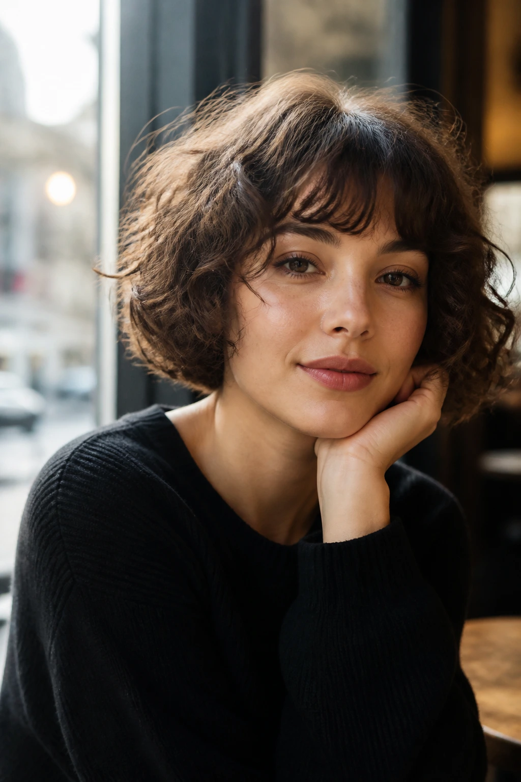 Close-up portrait of a real woman with a jaw-length curly bob and wispy fringe in a sunlit cafe