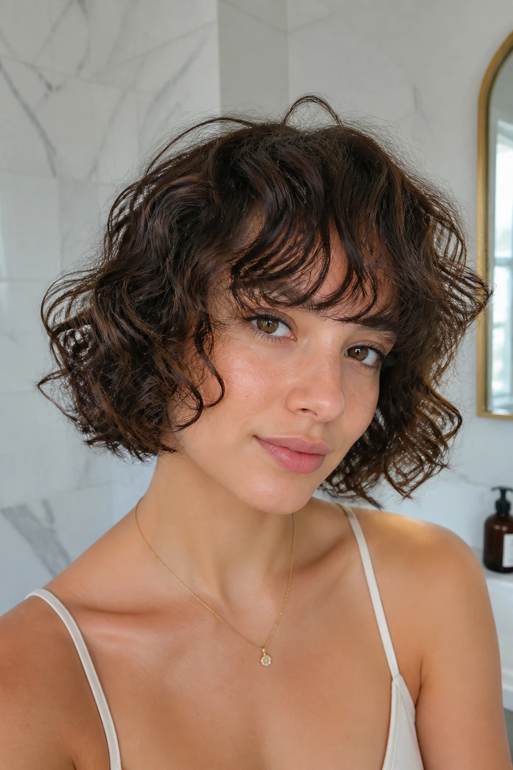 Close-up portrait of a woman with curly bob and wispy fringe.