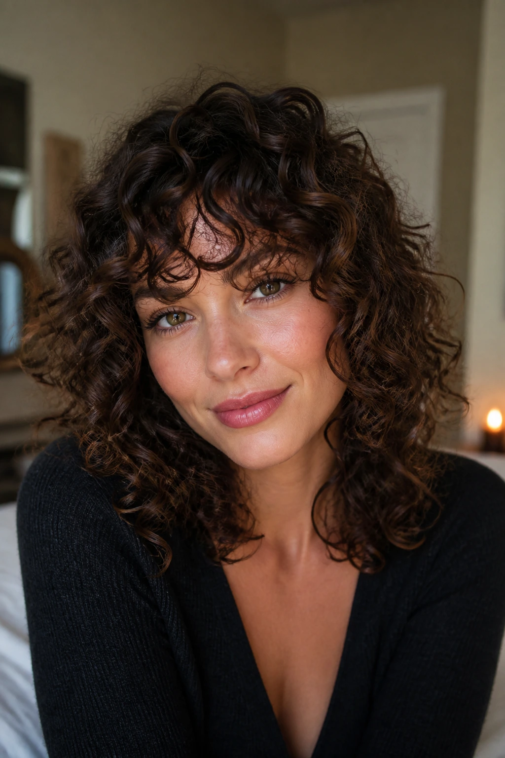Close-up of a real person with curly bottleneck bangs framing the face