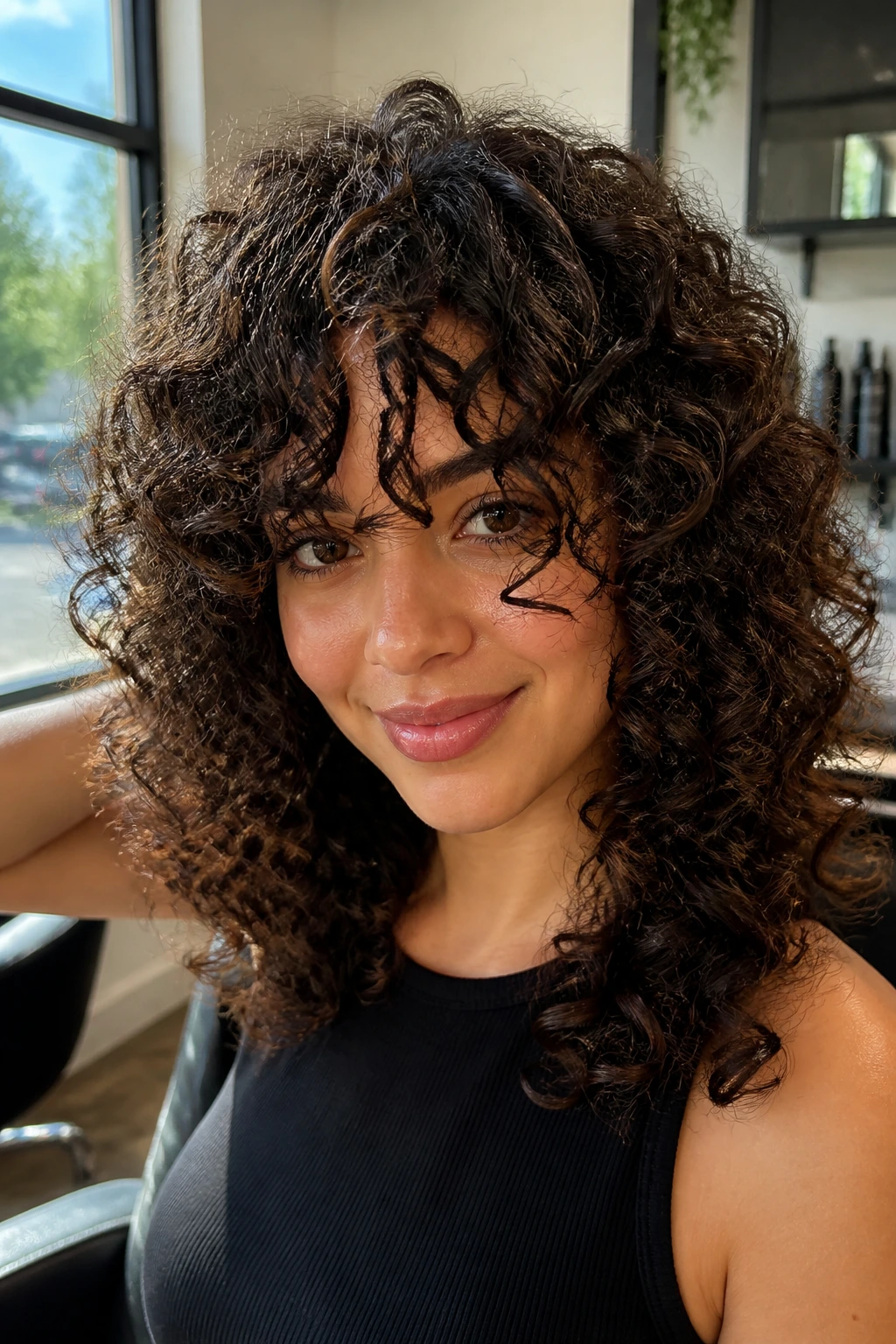 Close-up of a real woman with Curly Bottleneck Bangs framing her face in soft natural light