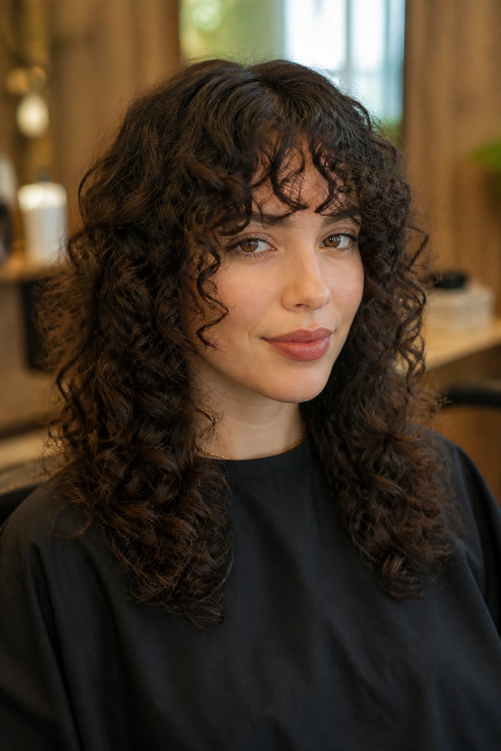 Close-up of a real person with curly bottleneck fringe framing the eyes in warm salon lighting