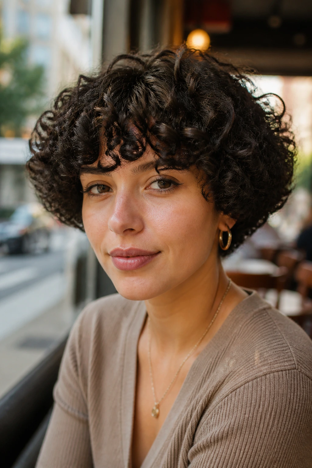 Close-up of a real person with a curly bowl cut in an urban cafe setting.
