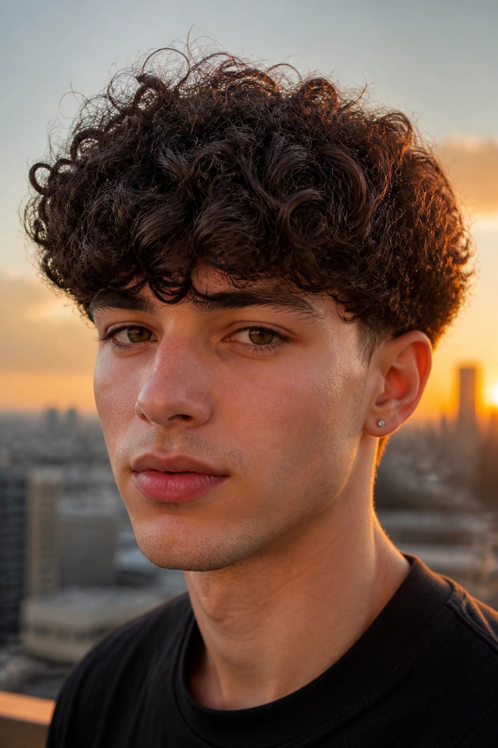 Portrait of man with curly bowl cut on a sunset rooftop.