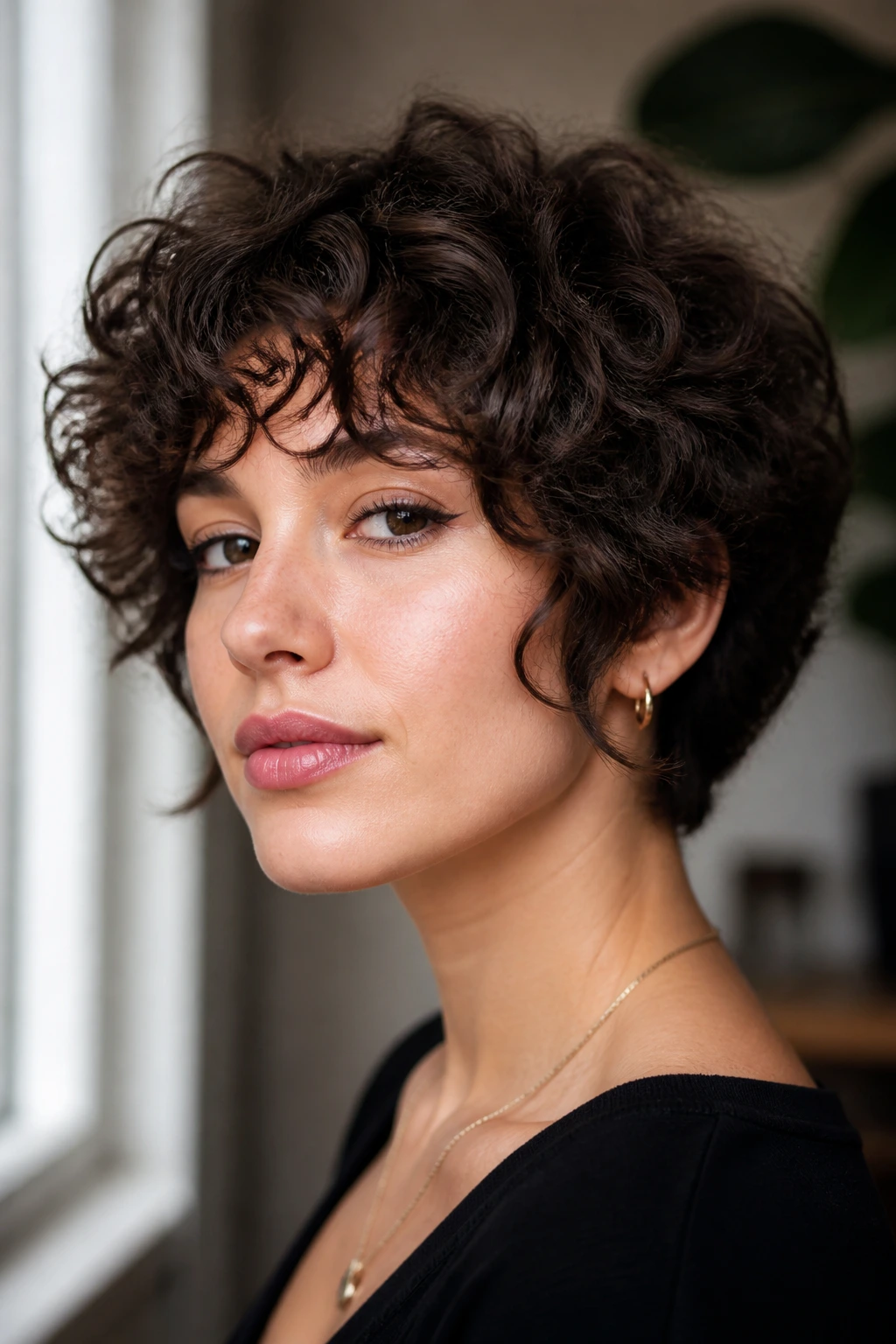 Close-up of a woman with a curly bowl cut near a window