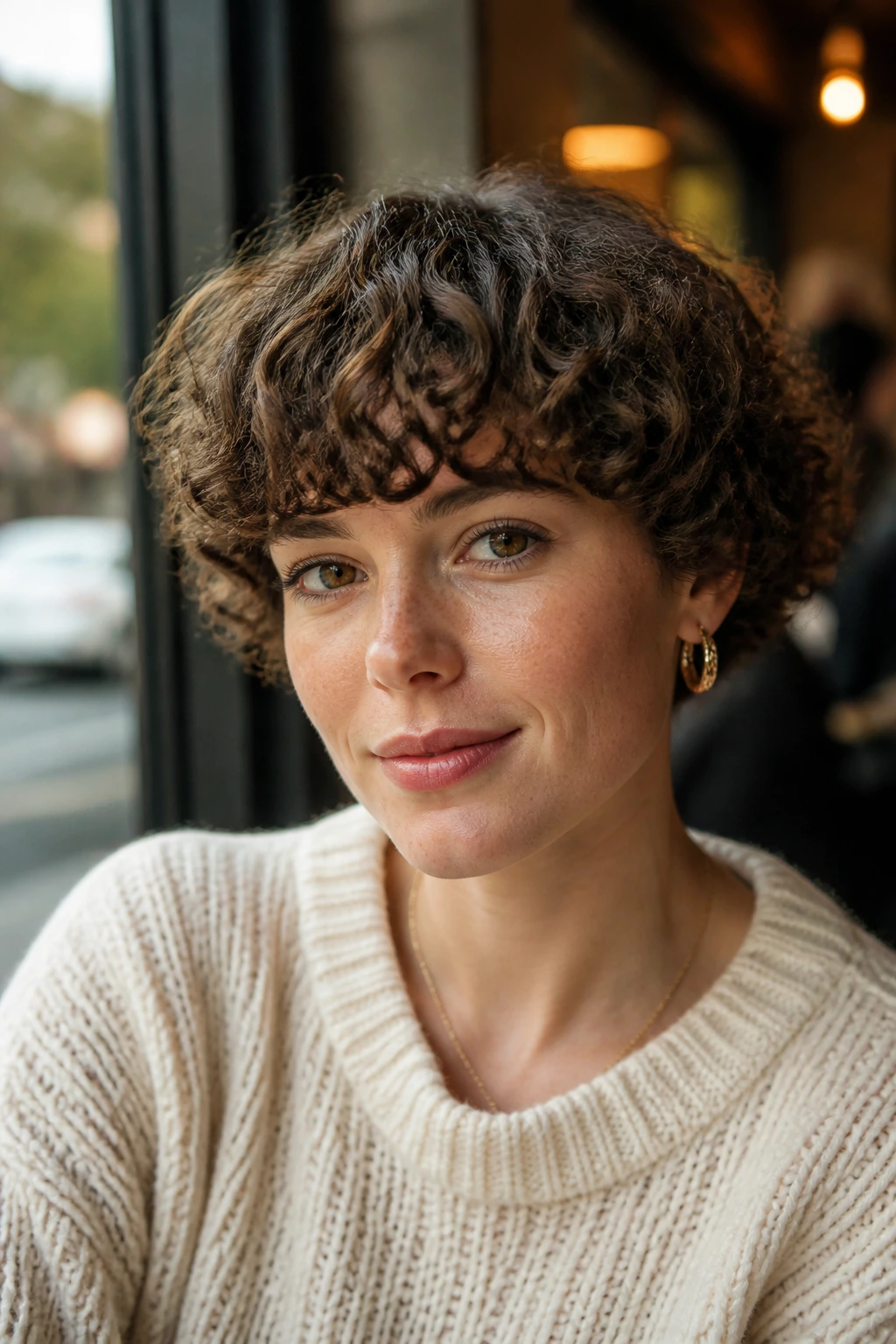 Close-up portrait of a real person with a curly bowl cut and fringe above the eyes