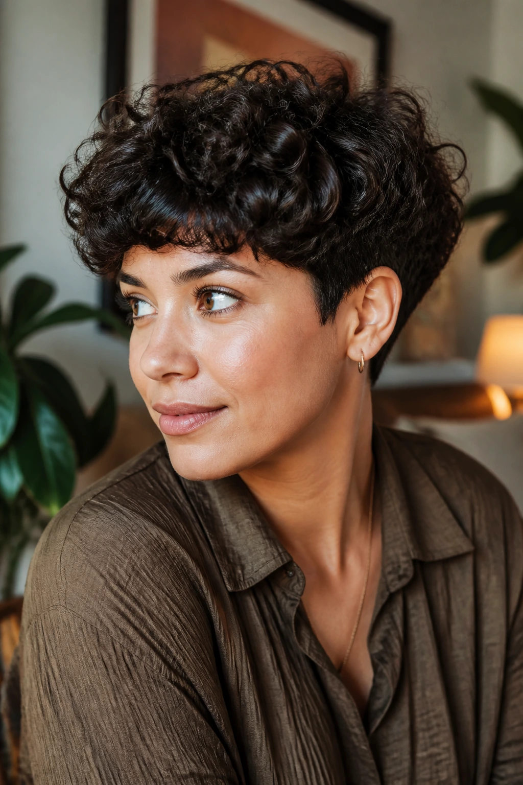 Close-up of a real woman wearing a curly bowl pixie with round shape and tucked ears