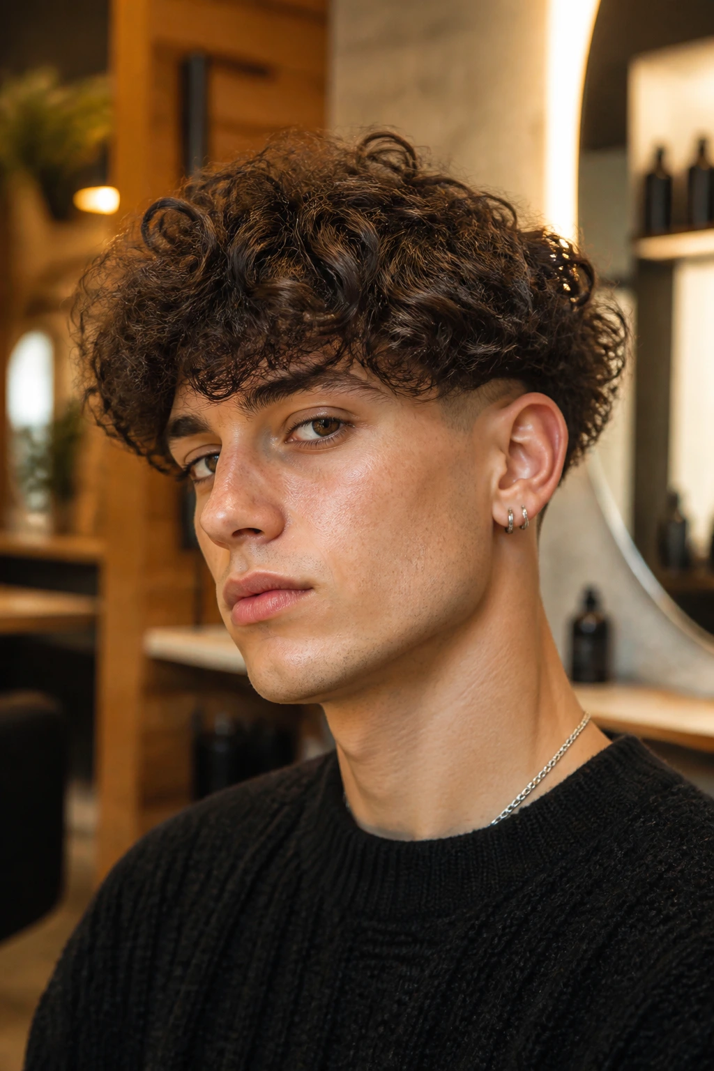Close-up of a person with curly bowl cut featuring textured uneven edge