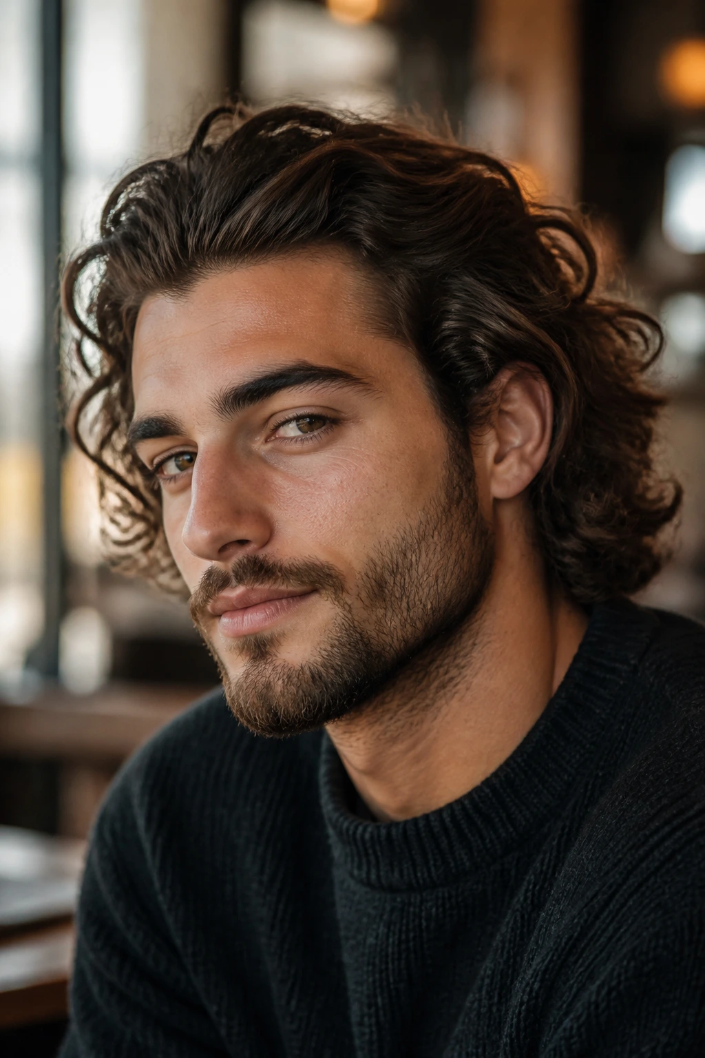 Portrait of man with curly bro flow hairstyle in cafe setting.