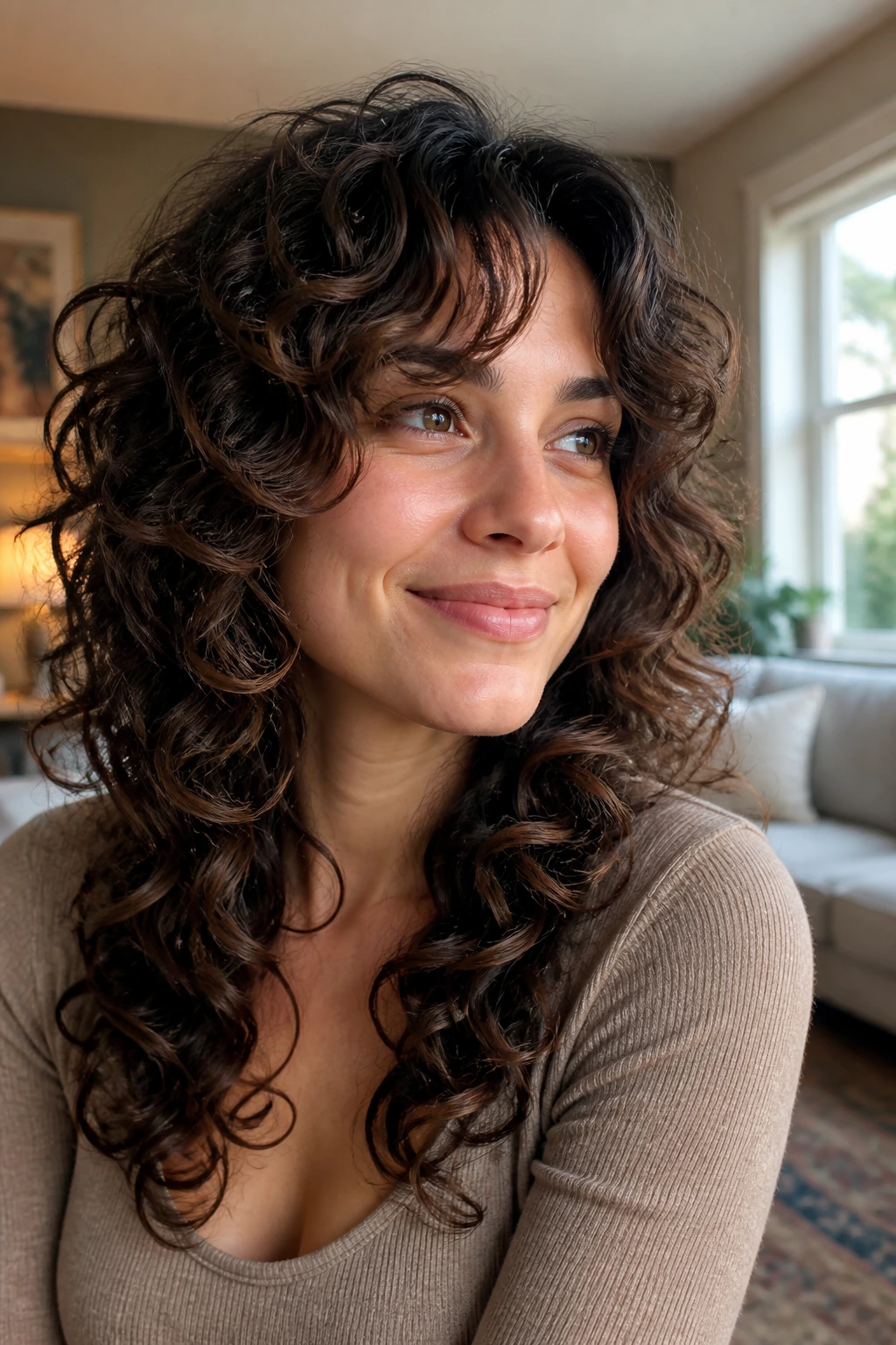Close-up of a real woman with a curly butterfly cut and face-framing layers.