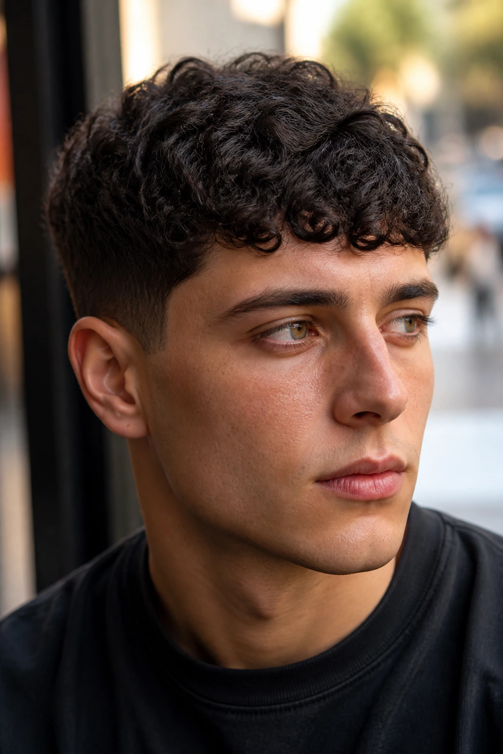 Close-up of real man with curly Caesar cut under cafe window light.