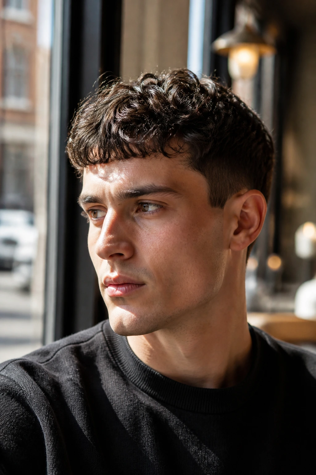 Close-up of man with Curly Caesar haircut and textured fringe in natural light.