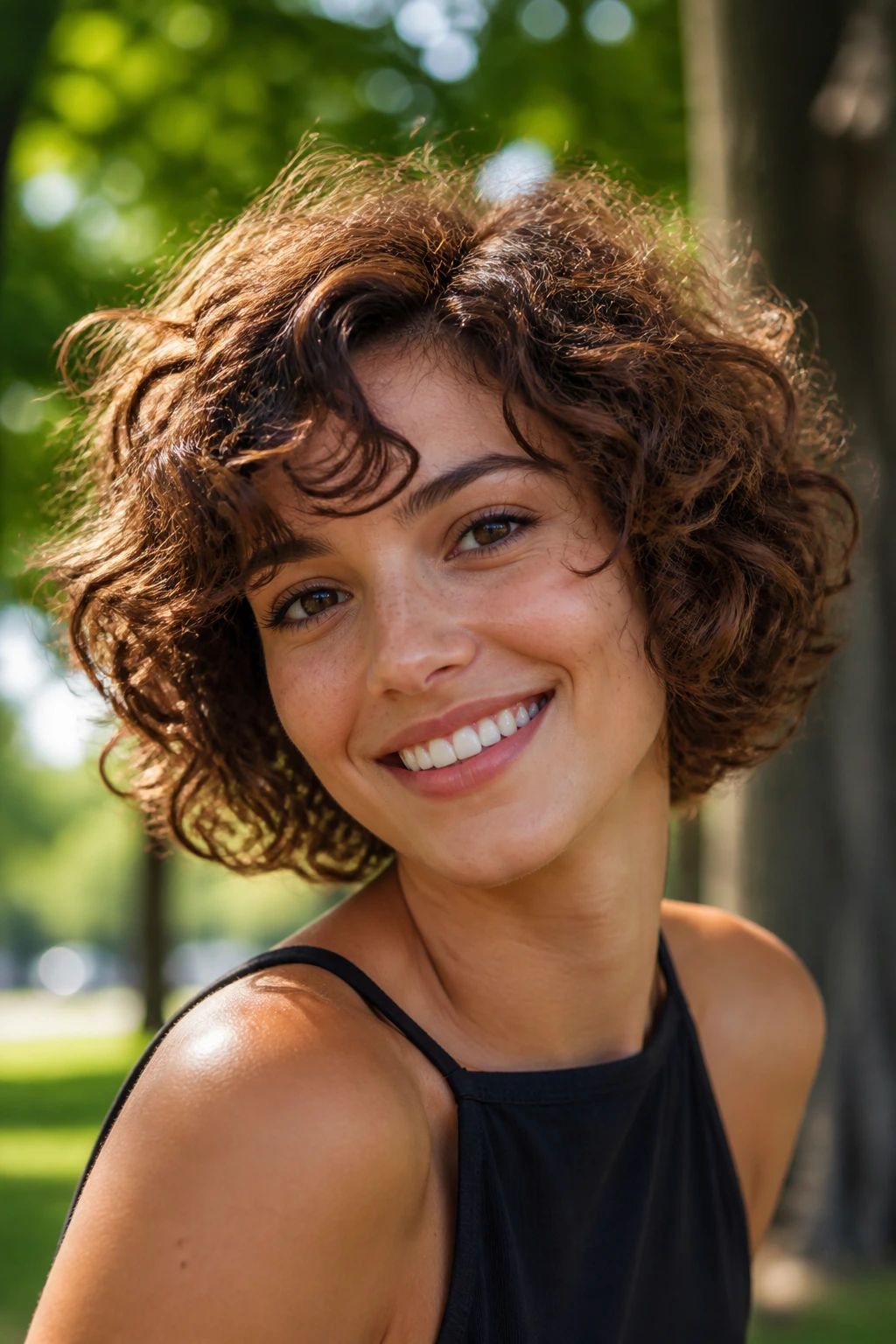 Close-up of a woman with a curly-textured chestnut bob and natural bounce.