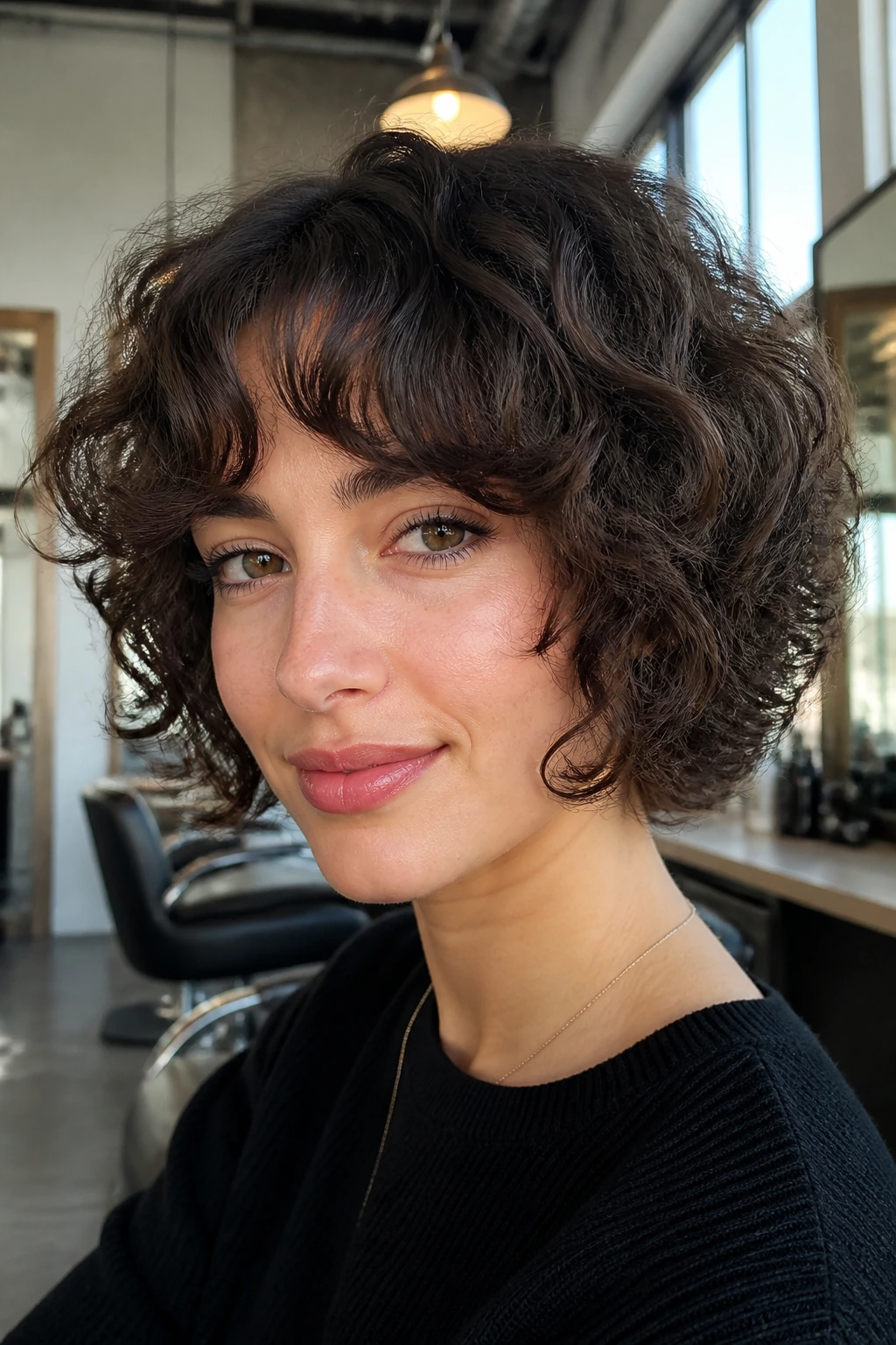 Close-up portrait of a woman with curly choppy bob and curtain bangs in a bright salon