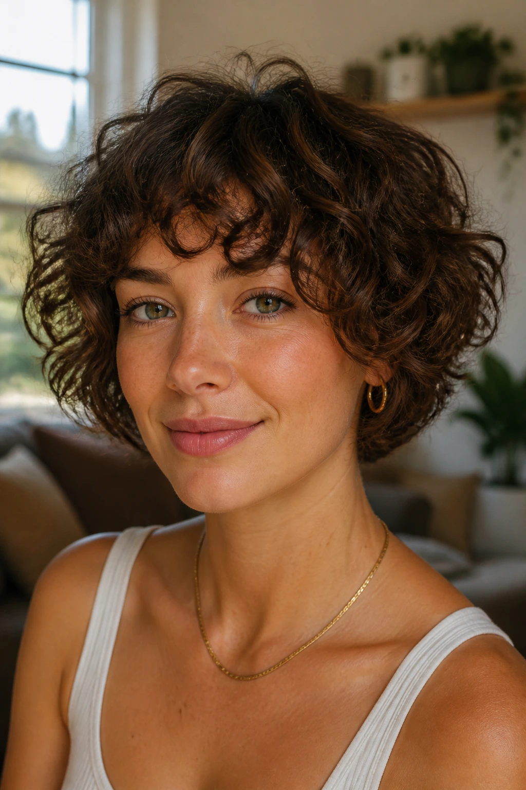 Close-up of a real woman with curly choppy bob and fringe in natural light.