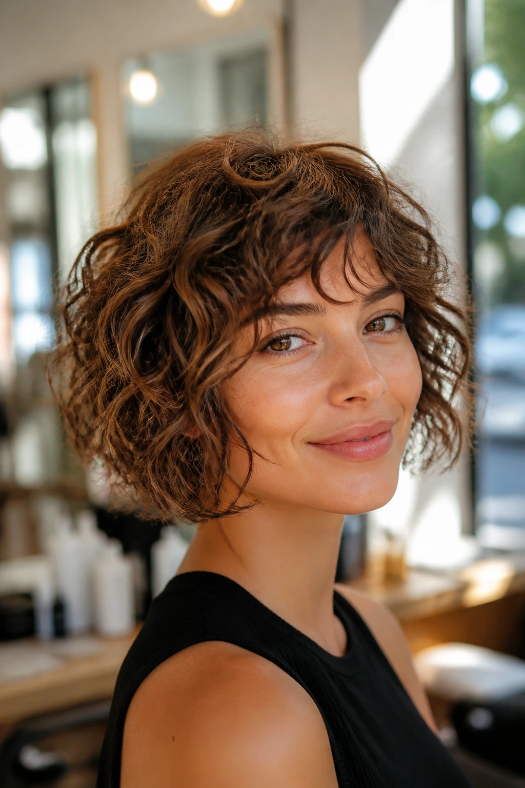 Close-up portrait of a real woman with a curly choppy bob in a sunlit salon.