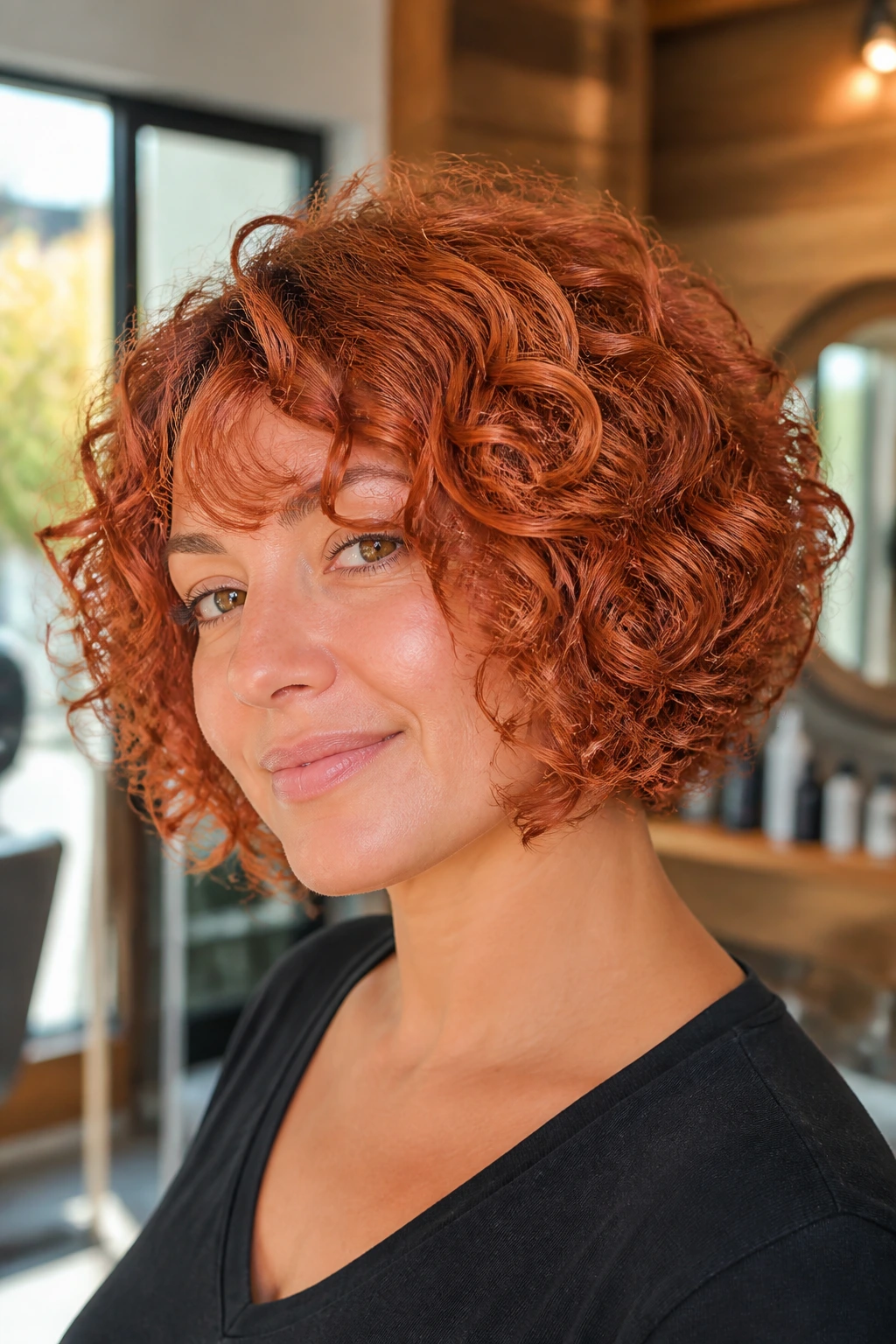 Close-up of real woman with curly copper graduated bob, curls defined