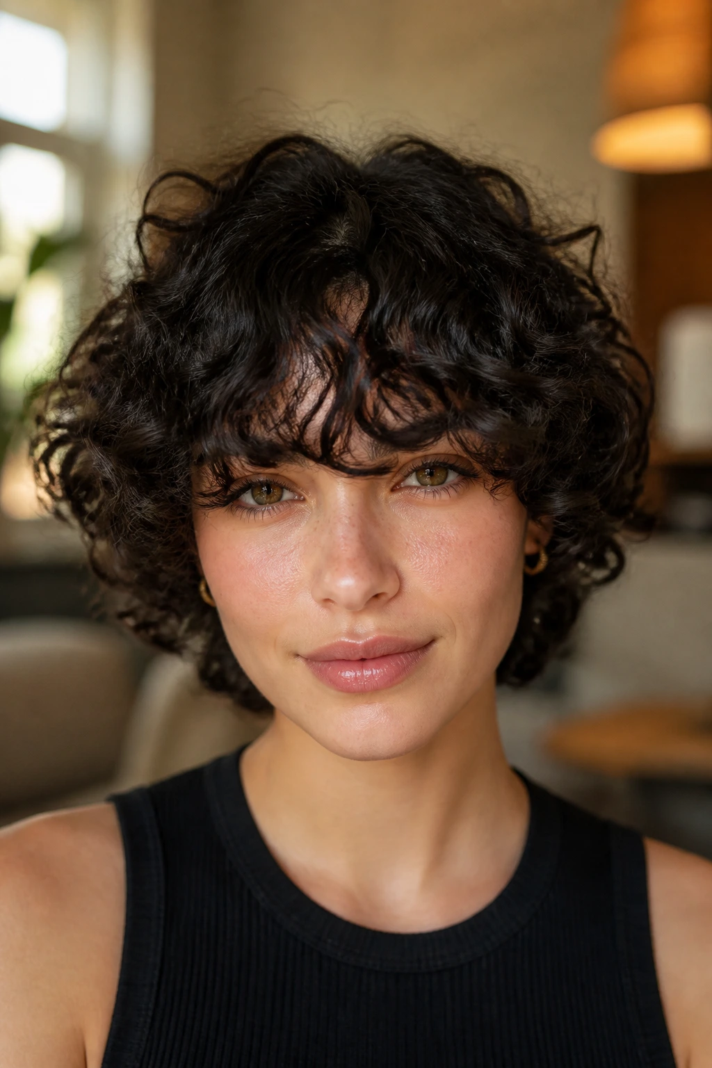Close-up of a person with a curly crop and full bangs in a sunny living room.