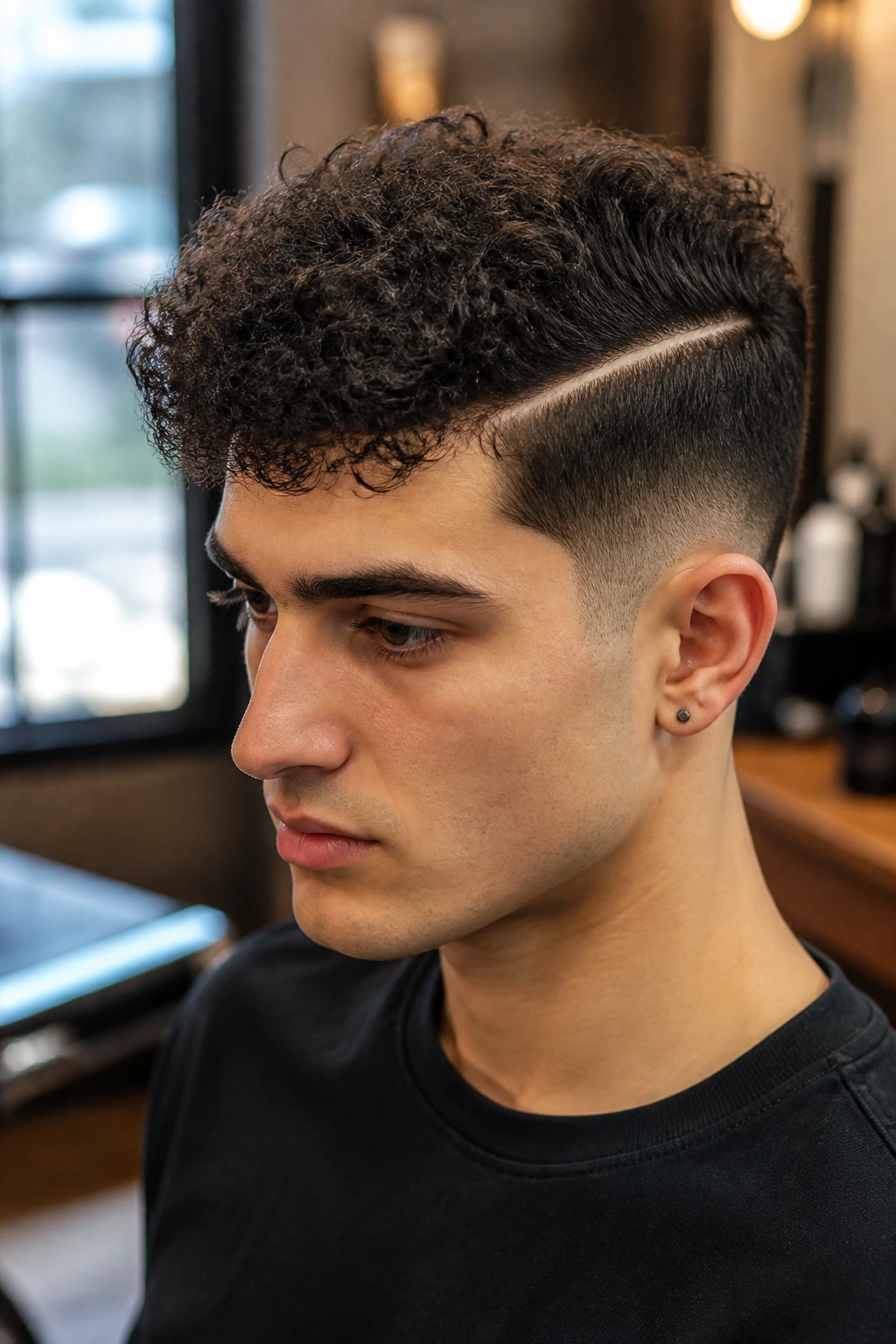 Close-up of a man with curly hair and a crisp hard part.