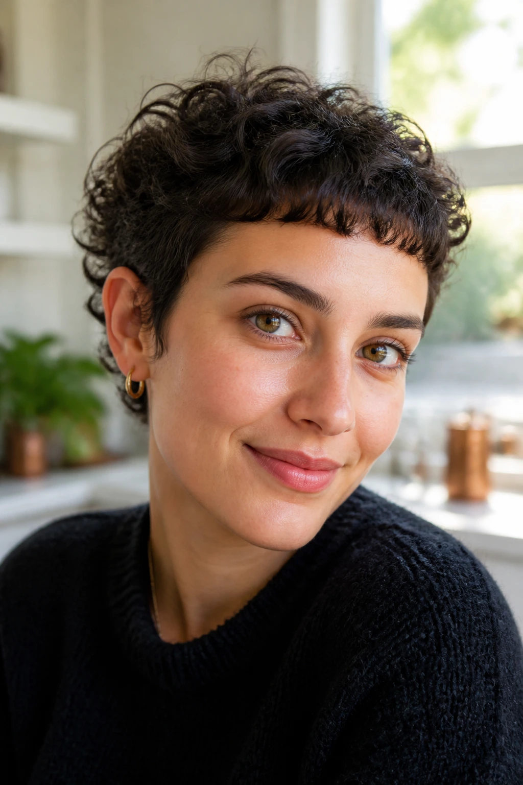 Close-up portrait of a real person with micro-bangs and curly crop hairstyle