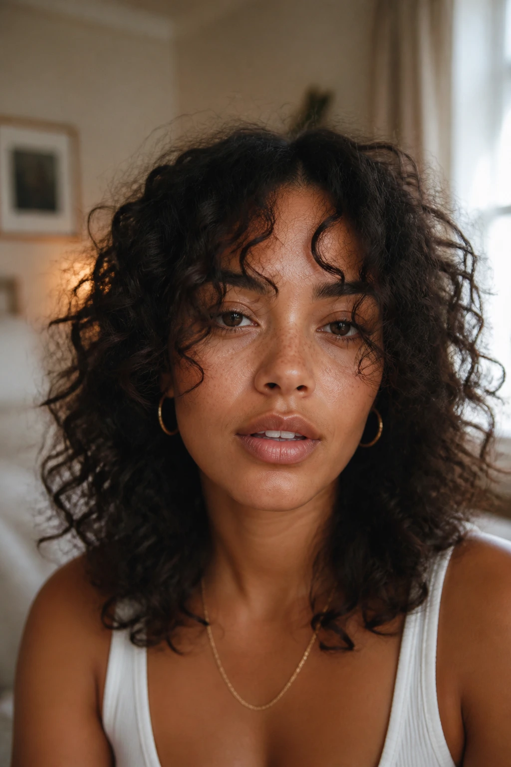Close-up portrait of a real woman with curly curtain bangs softly framing her face in window light