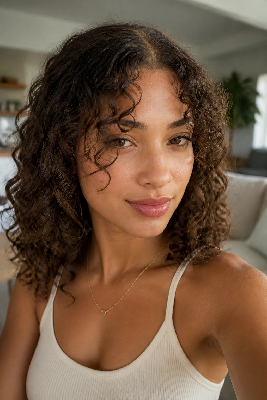 Close-up of real person with curly curtain fringe and defined tendrils