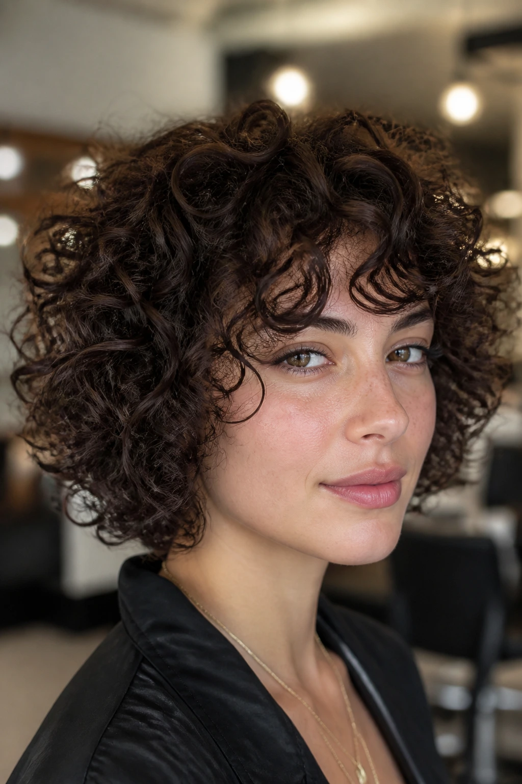 Real person with curly bob showing internal layers.