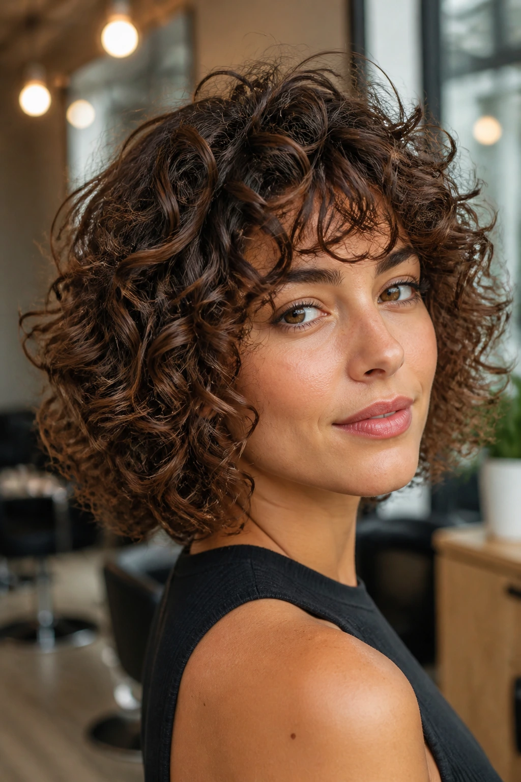 Close-up portrait of a real woman with a curly-cut lob, defined curls and crown volume.