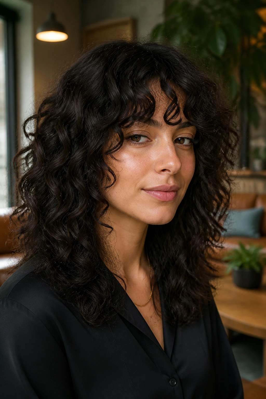 Real woman with curly deep wave shag in a cozy office lounge.